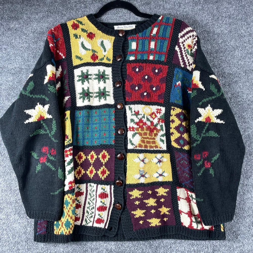 VTG Marisa Christina Cardigan Sweater Womens XL Patchwork Hand Knit Floral Fall